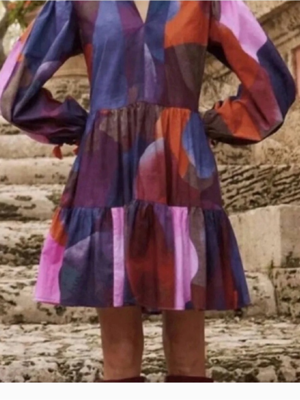Oliphant Purple Pink and Rust Patterned Tiered Yoke Dress
